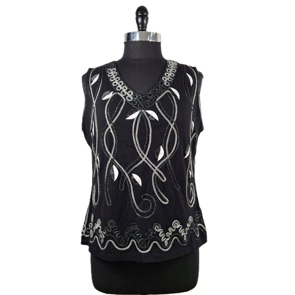 Once Again XL Fancy Sleeveless Tank Top Black W Metallic Embroidery Geo Print